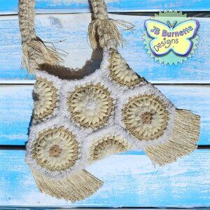 Handmade Crochet Summer Colors Bag, Fringe, Beach Party Purse, White Cream Tan